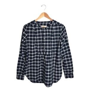 Loft Plaid Tunic Navy Size Medium Long Sleeves Flowing Blue White Cotton Winter